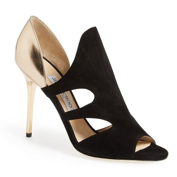 Jimmy Choo Tarine Black Suede Gold Leather Open Toe Cut Out Sandals SZ 38.5 $895 - Picture 1 of 10